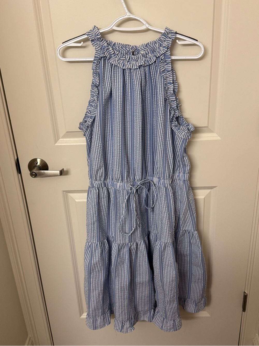 London Times Blue and White Striped Ruffle Halter Dress